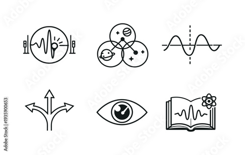 Line style vector icons of Copenhagen and Many-Worlds theories: Copenhagen-icon motif, multiverse-outline symbol, wave-function