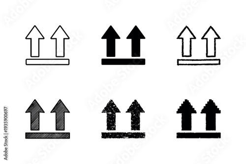 Cardboard moving box with upward arrows symbol showing correct upright position for safe transport and storage handling | Create