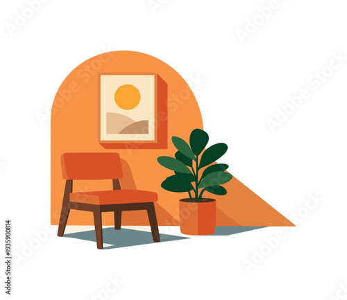 Minimal interior decor styling scene with simple chair plant and wall art arranged neatly seen from front view, positioned in the