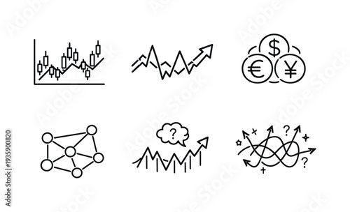 Line style vector icons of economic unpredictability: stock-chart outline, fluctuating-arrow motif, currency-symbol icon, network