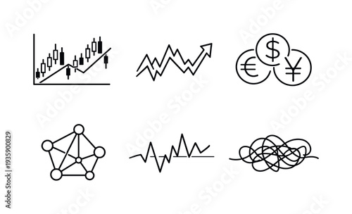 Line style vector icons of chaos theory in economics: stock-chart outline, fluctuating-arrow motif, currency-symbol icon, network