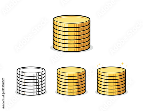 Three Coin Icons. Wealth distribution action illustrated by a round coin stack with even height and flat top viewed front-facing