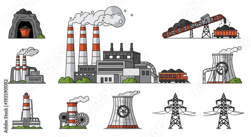 Collection of industrial power plant illustrations and elements.