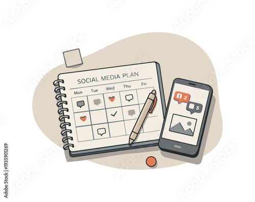 Calm social media scheduling concept with planner and smartphone slightly angled for balance shown from above, arranged in the