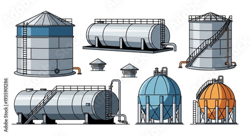 Collection of industrial storage tanks and silos illustration.