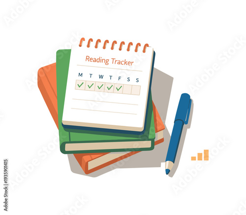 Minimal reading habit tracking concept with notebook stack book and pen loosely arranged seen from a top-down angle, offset to