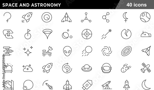 Space and Astronomy Thin Line Icons Set Cosmic Exploration, Planetary Science, Rocket Ships, Celestial Phenomena and Galactic Symbols for Scientific Discovery