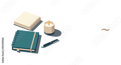 Minimal Digital Detox. Minimal digital detox lifestyle concept with notebook book candle and pen loosely arranged seen from a