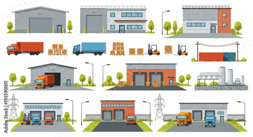 Collection of industrial warehouses and logistics elements.