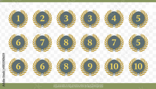 Numbered badges arranged in a grid pattern with golden laurel wreaths.
