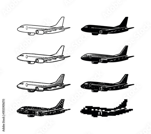 Commercial passenger airplane with wings and tail fin used for transporting people across long distances by air | Create ONE