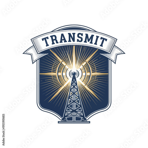 Vintage radio tower transmitting signal with banner