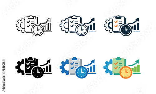 Productivity and efficiency icon combining a gear, checklist, clock, and analytics chart, symbolizing optimized workflows and