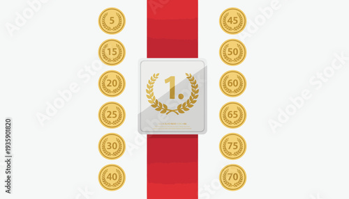 First place award badge with gold coins and red ribbon.