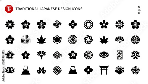 Collection of Traditional Japanese Design Icons in Black Silhouette.