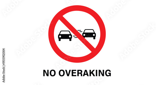 Traffic sign with a red circle and a line through two cars indicating no overtaking on a white background.