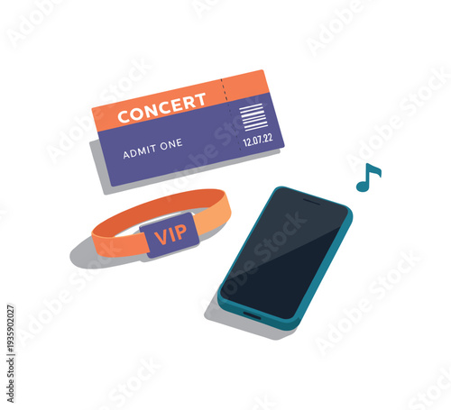 Minimal concert night essentials concept with ticket card wristband and phone loosely arranged seen from a top-down angle, offset