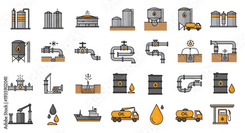 Collection of industrial oil and gas industry icons and symbols.