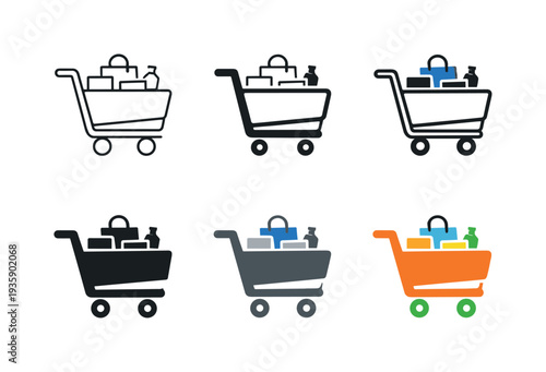 Purchase basket icon depicting a stylized shopping cart with handle, wheels, and items inside representing retail, online