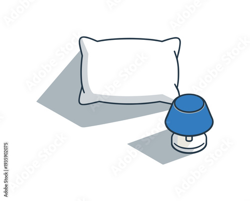 Refined contemporary healthy sleep routine concept with essential bed pillow and lamp elements subtly offset and aligned seen