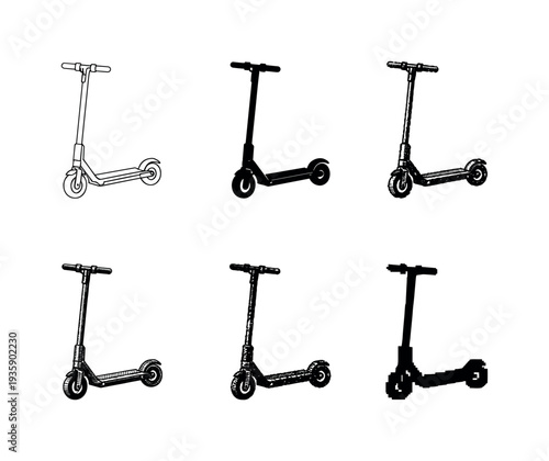 Modern battery powered scooter with slim frame and upright steering column for personal mobility | Create ONE image containing