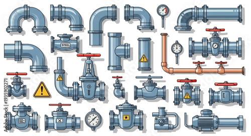 Collection of Industrial Plumbing Pipes Valves and Gauges.