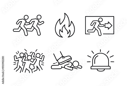 Line style vector icons of panic behavior in emergencies: fleeing-people icon, fire-flame outline, exit-sign motif, crowd-chaos