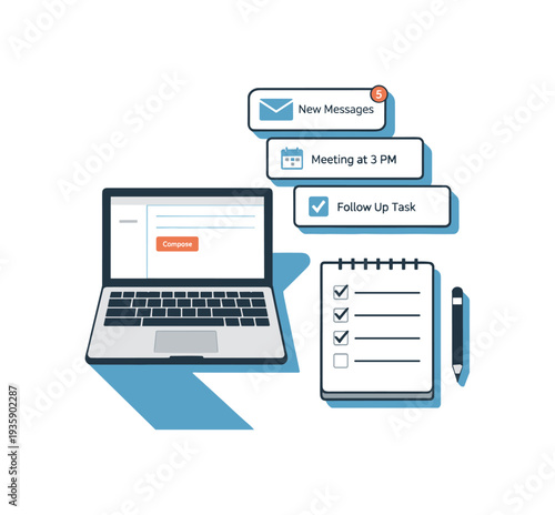 Refined contemporary email productivity workflow concept with essential inbox cards laptop and checklist subtly offset and