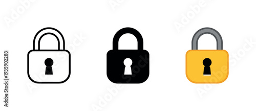 Trio of Locks. Security metaphor represented by a closed padlock with keyhole, identical form echoed in a horizontal trio against