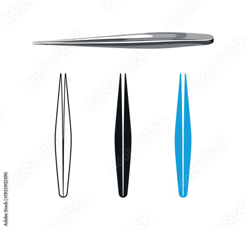 Tweezers Lineup. Precision outcome represented by a pair of slim tweezers with tapered tips aligned straight and closed, clearly