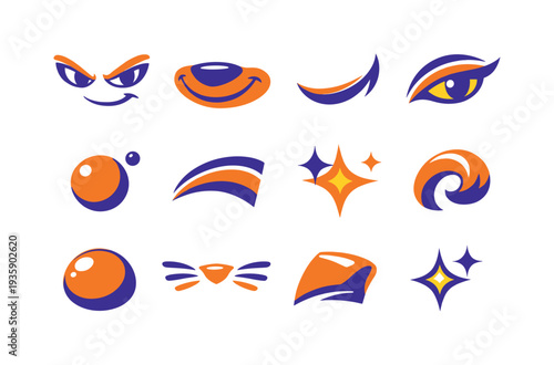 Two-Color vector icons of sly expressions: narrow brow, curved snout, sly arc, contour flick, tiny bead, arc stripe, shine spark,