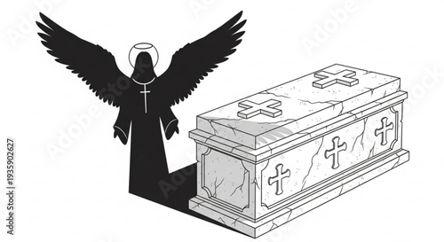 Angel silhouette standing beside a coffin on transparent background with crosses