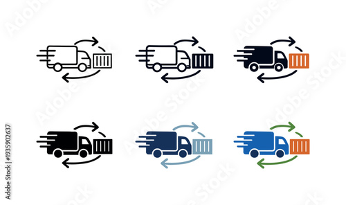 Express cargo icon showing stylized delivery trucks, containers, and route arrows representing fast cargo delivery, logistics,