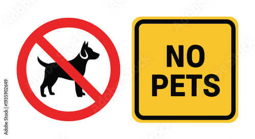 Close-up of two warning signs with a dog silhouette and 'NO PETS' text on a white background.