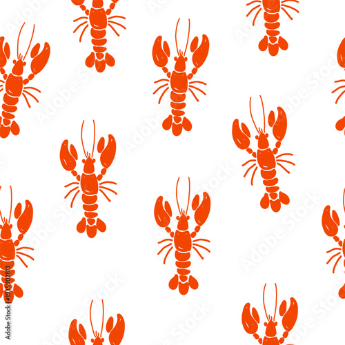 Hand draw lobster seamless pattern in vector format. Bright red lobsters on light backgroun