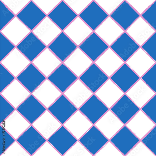 Vibrant Hand Drawn Blue and Pink Argyle Pattern with Geometric Design