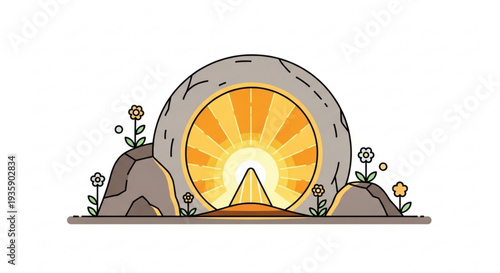 Vibrant sunrise through stone archway with flowers symbolizing hope and new beginnings in a serene natural setting