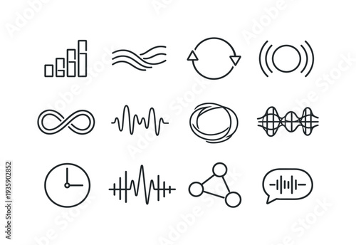 Minimalist Music Player Icons. Line style vector icons of music audio player offline and downloads: signal tile, flow stripe,