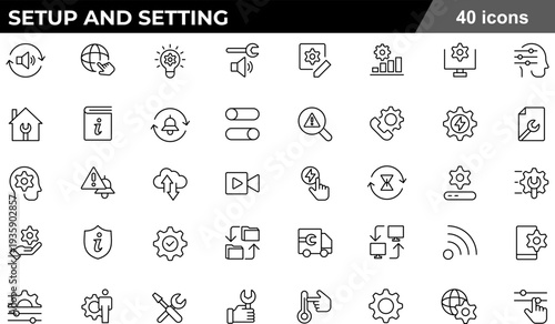 Setup and Setting Thin Line Icons Set System Configuration, Technical Maintenance, Mechanical Adjustment, Preferences and Control Symbols for UI