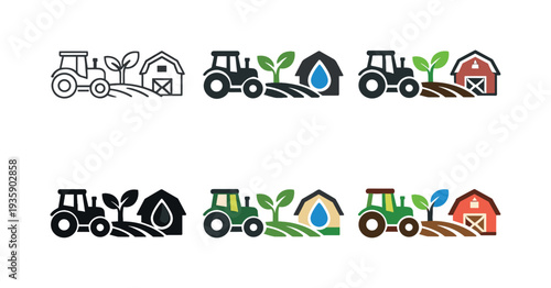 Sustainable agriculture icon combining a tractor, sprouting plant, water droplet, and barn, symbolizing modern farming technology