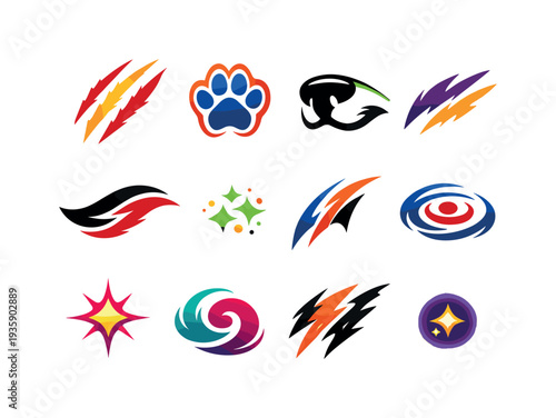 Two-Color vector icons of wild predators: claw strike, paw ridge, snout arc, fur dash, contour wave, tiny speck, arc slash,