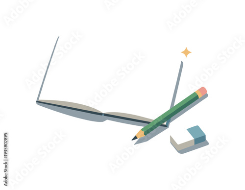 Minimal artist sketching essentials with open sketchbook pencil and eraser loosely arranged seen from a top-down angle, offset to