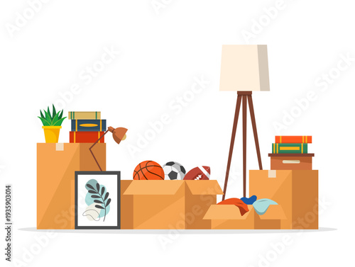 Cardboard packaging boxes isolated on white background.  Moving to new house. Package for transportation. Vector stock