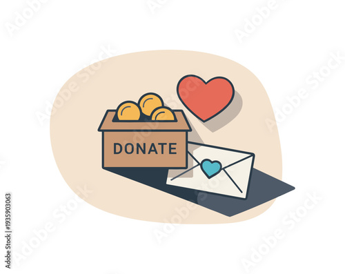 Refined contemporary donation and charity concept with essential donation box coins heart and envelope subtly offset and aligned