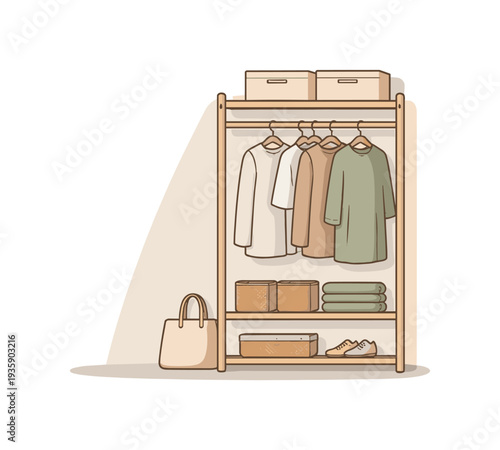 Minimalist clothing rack with organized garments and storage baskets