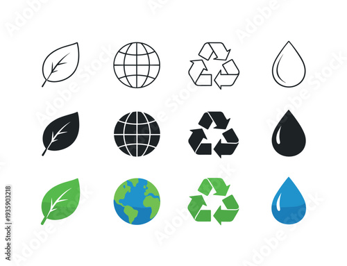 Leaf for sustainability, globe for worldwide economy, recycle symbol for circular resources, and water drop for natural resource