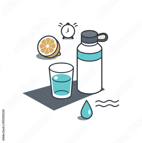 Refined contemporary hydration reminder lifestyle concept with essential bottle and water elements subtly offset and aligned seen
