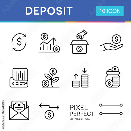 bank deposit vector icons, finance savings and payment symbols, flat design for mobile apps and dashboards, money coins, cash stack, vault.