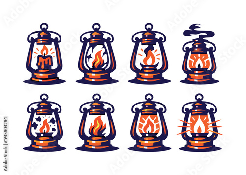 Two-Color vector icons of spooky lanterns: eerie lantern, dripping candle, cracked glass, metal frame, flame tongue, curved