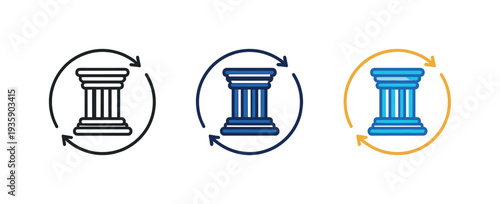 Steady enterprise scene showing a foundation pillar icon encircled by subtle arrows symbolizing ongoing business continuity and